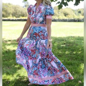 NWOT CK Bradley Colorful Paisley Maxi Dress Tiered Puff Sleeve